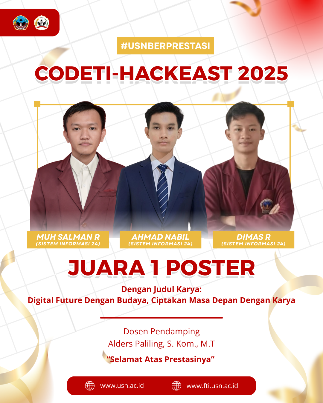 Ahmad Nabil Pimpin Tim Sistem Informasi FTI USN Kolaka Raih Juara 1 Poster pada CODETI–HackEast 2025
